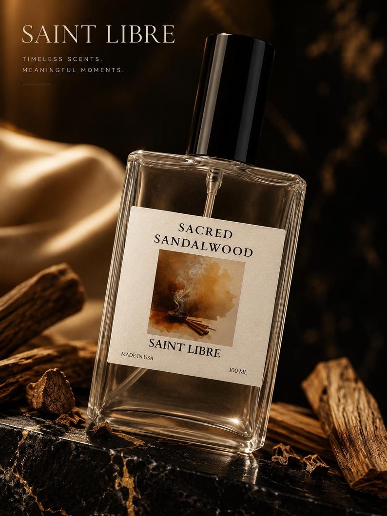 May include: A clear glass perfume bottle with a black cap, labeled "SACRED SANDALWOOD" and "SAINT LIBRE." The bottle is 100 ml and made in the USA. The image includes wood pieces and the text "TIMELESS SCENTS. MEANINGFUL MOMENTS."