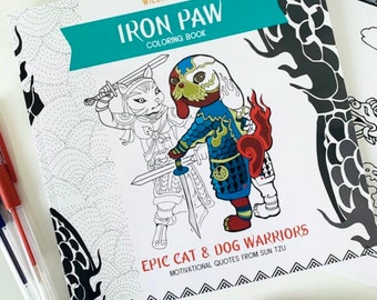 Funny De-stressing Coloring Book with Animal Warrior Costumes and Motivational Sun Tzu Quotes for Adults