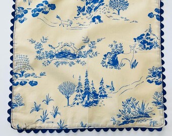 Cloth Napkins,  Organic Cotton lawn Cloth Napkins, Rick Rack trim, set of two cloth napkins, blue toile napkins