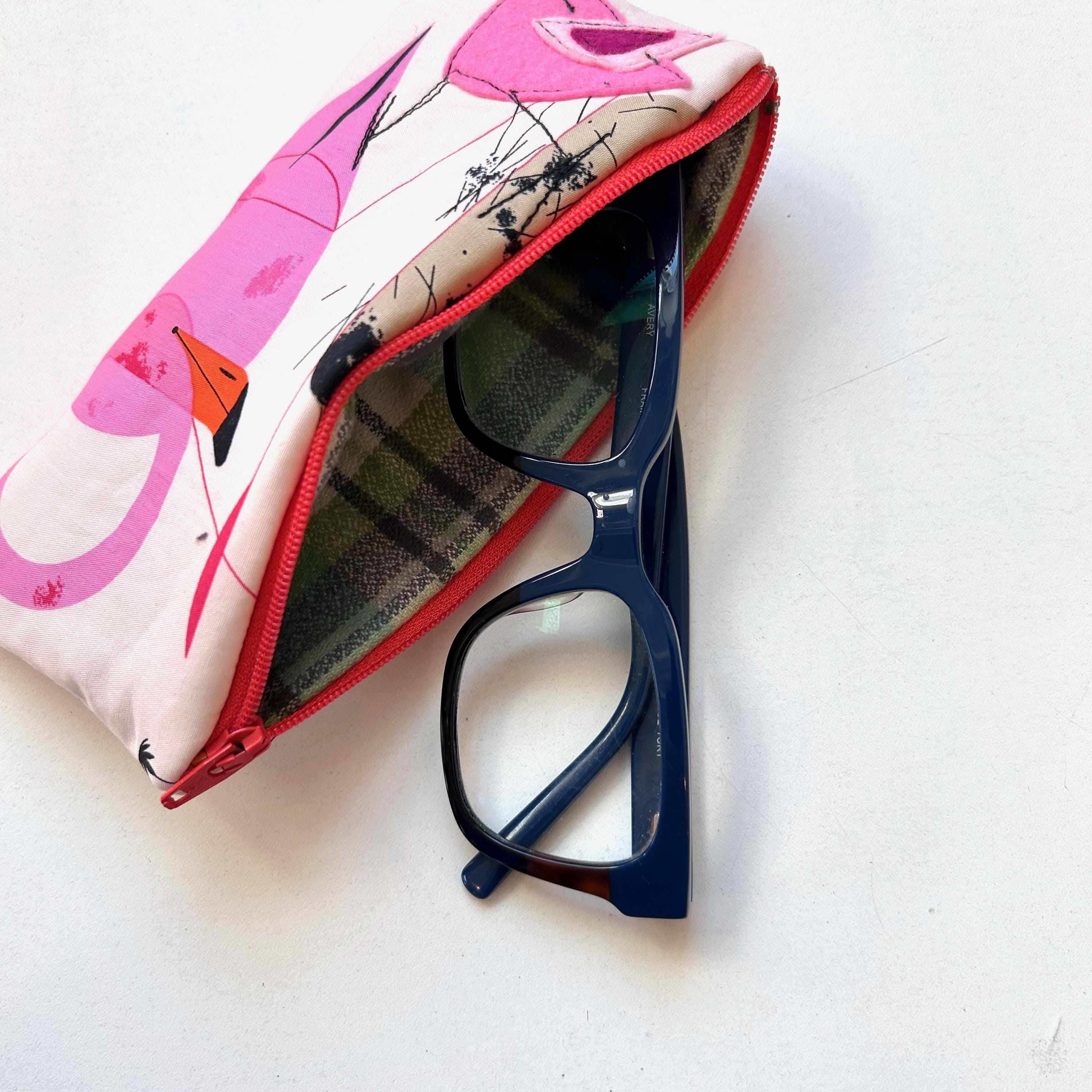 Pink Glass Case Organic Cotton Eyeglass Case, Pink Flamingo Design, Padded Flannel ...