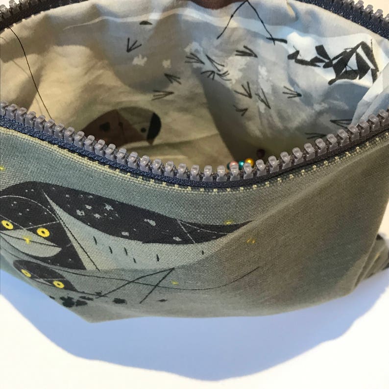 Charley Harper fabric Owl Felt Appliqu\u00e9 large zipper pouch gift idea lined organic cotton canvas