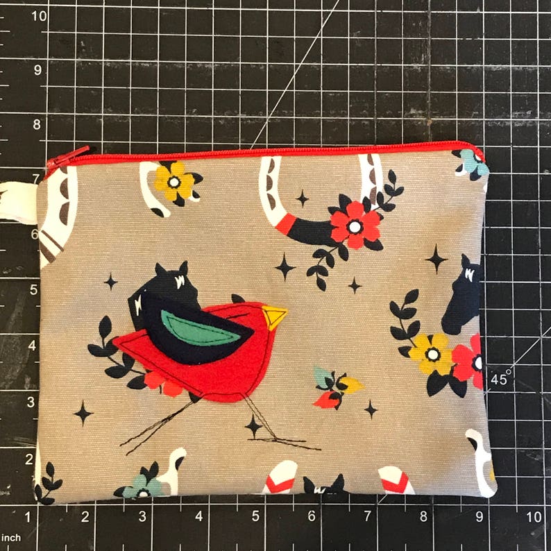 Charley Harper fabric Owl Felt Appliqu\u00e9 large zipper pouch gift idea lined organic cotton canvas