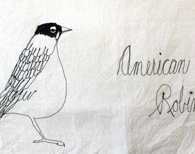 Freehand Machine Embroidered  American robin Tea towel