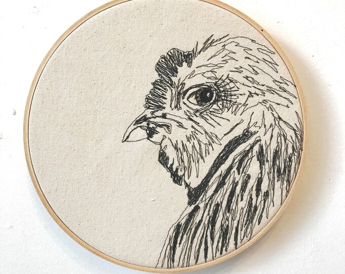 Silver Brahma Rooster Freehand Machine Embroidered Portrait