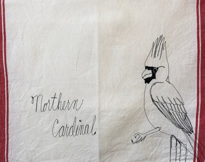 Northern Cardinal Freehand Machine Stitched Tea Towel