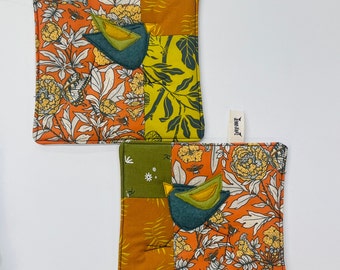 Organic Cotton Patchwork Pot Holder,  orange flora pattern potholder