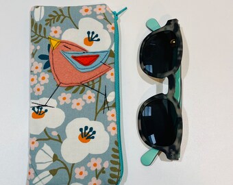 Organic Cotton Padded Zipper Fabric Eyeglass Case, flannel lined eyeglass case, blue flora eyeglass case