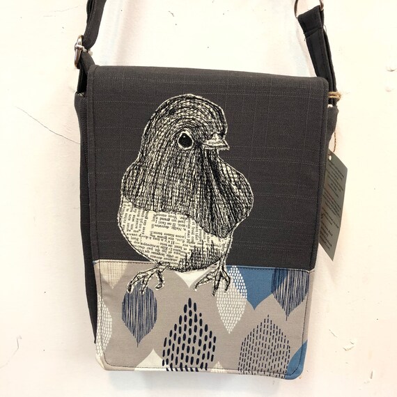 adjustable strap with free accessory Cerulean Warbler stitched drawn messenger bag freehand machine stitched bird