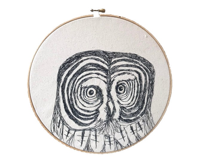 Gray Owl Freehand Machine Embroidered portrait
