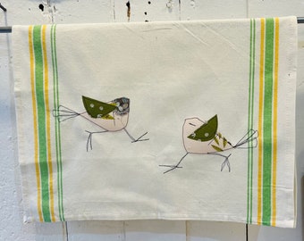 Tea Towel, Bird Theme tea towels, Fabric Applique  Bird , Vintage inspired Tea Towel
