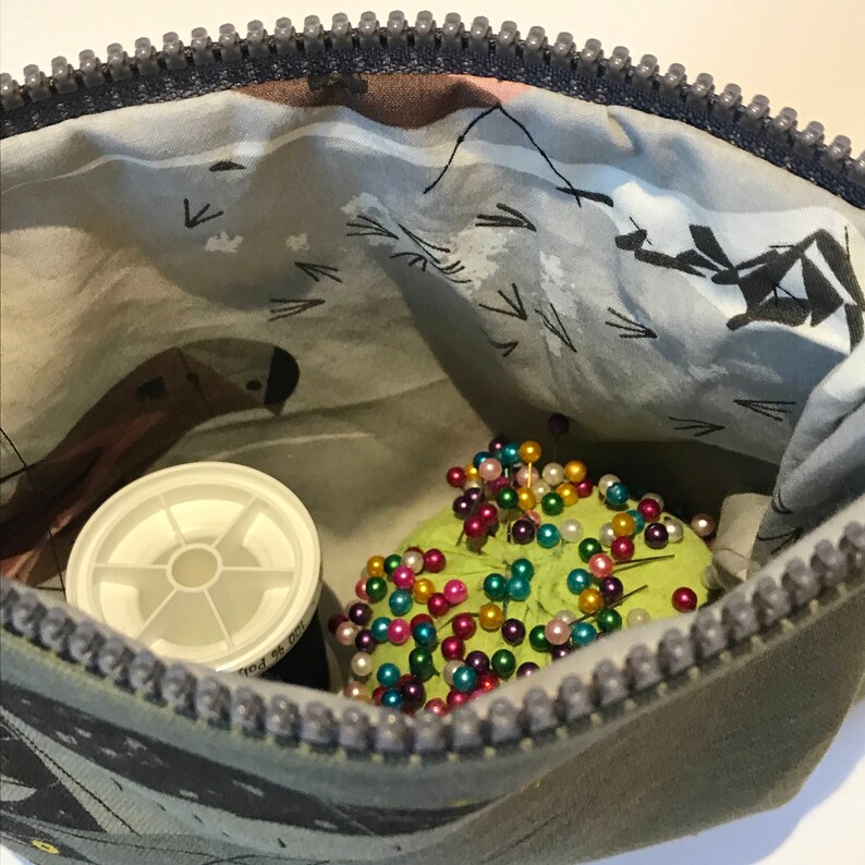 Charley Harper fabric Owl Felt Appliqu\u00e9 large zipper pouch gift idea lined organic cotton canvas