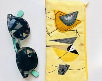 Organic Cotton Padded Zipper Fabric Eyeglass Case, flannel lined eyeglass case, Charley Harper Chickadee Eyeglass Case