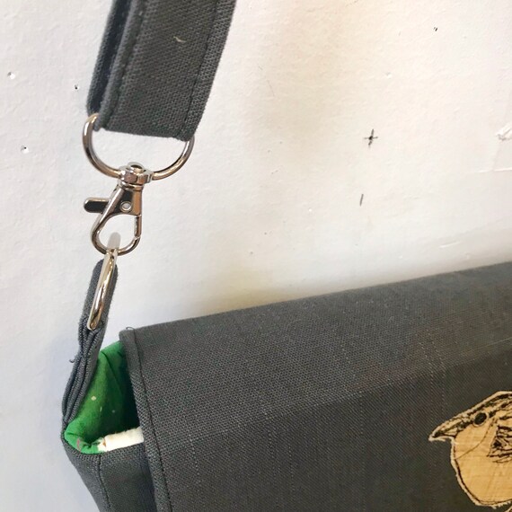 adjustable strap with free accessory Cerulean Warbler stitched drawn messenger bag freehand machine stitched bird