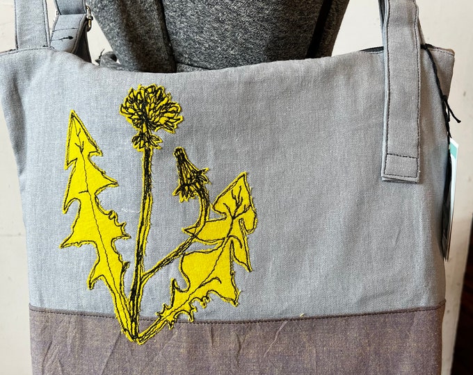 Dandelion Stitched Drawn Zipper Top Tote Bag