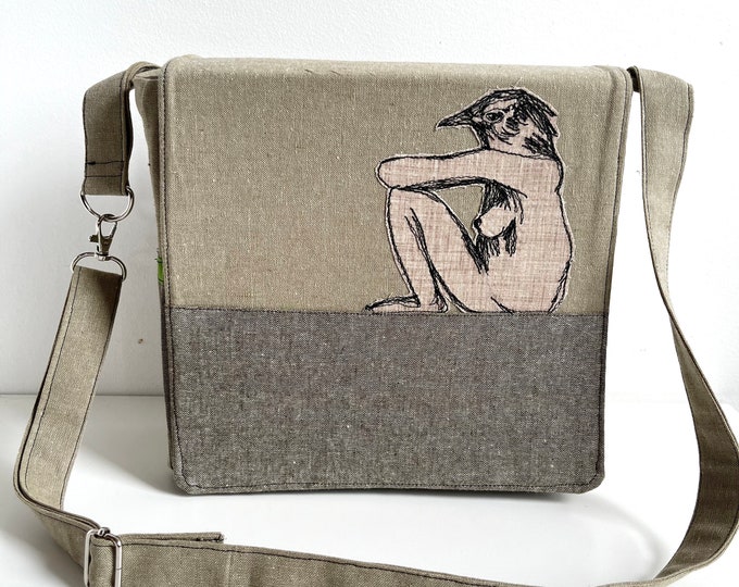 Jenny the Wren Freehand stitched drawn messenger bag, adjustable strap, tweed fabric neutral tan