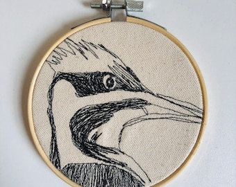 Pileated Woodpecker Freehand Machine Stitched Portrait, 4 inch