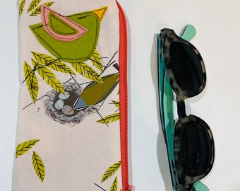 Organic Cotton Padded Zipper Fabric Eyeglass Case, flannel lined eyeglass case, Charley Harper Vireo Eyeglass Case