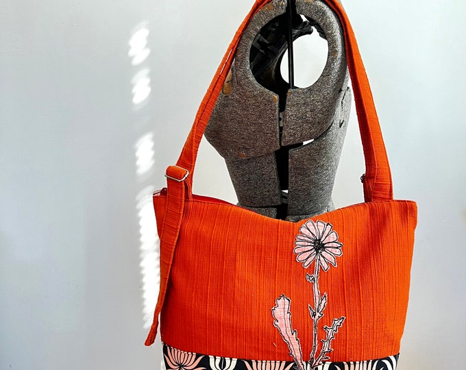 Featured listing image: Freehand Machine Stitched Daisy, Zipper top Tote bag, with interior pockets and adjustable straps.