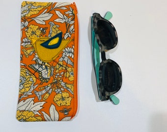 Organic Cotton Padded Zipper Fabric Eyeglass Case, flannel lined eyeglass case, orange flora eyeglass case