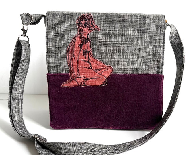 Greater Prairie Chicken Woman Ms. Queenfisher Stitched drawn with Velvet Messenger Bag