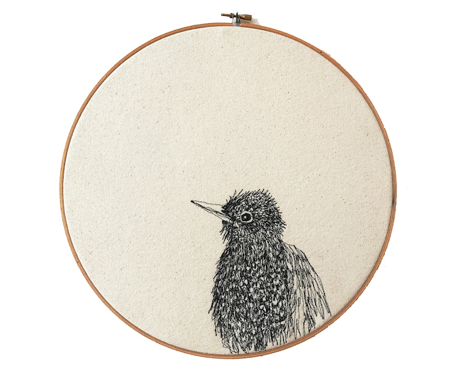 European Starling Portrait Freehand Machine Embroidered