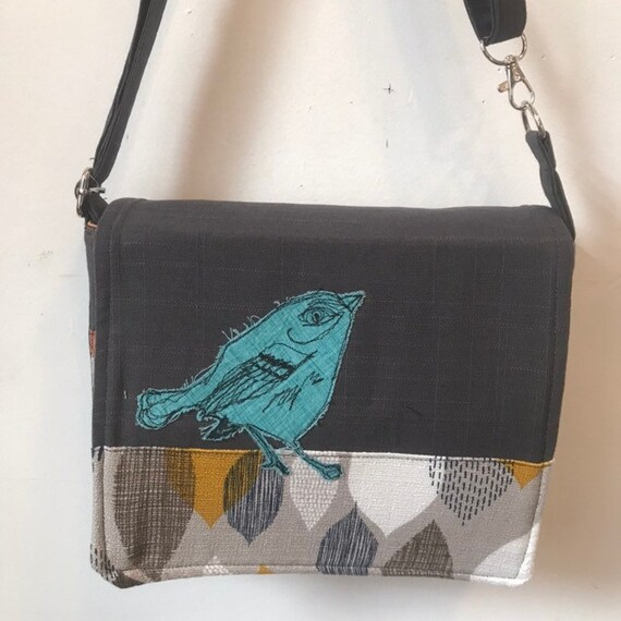 adjustable strap with free accessory Cerulean Warbler stitched drawn messenger bag freehand machine stitched bird