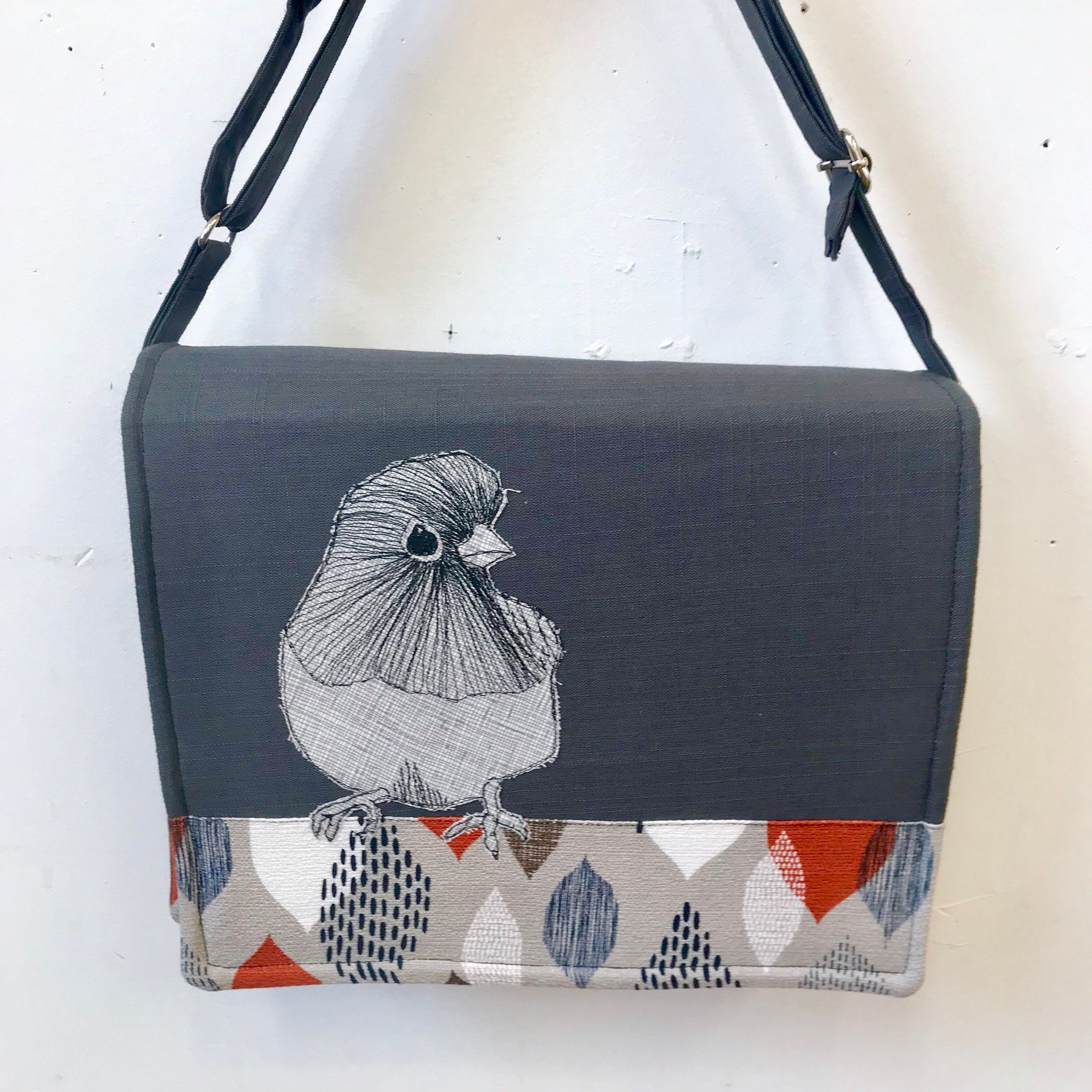 adjustable strap with free accessory Cerulean Warbler stitched drawn messenger bag freehand machine stitched bird