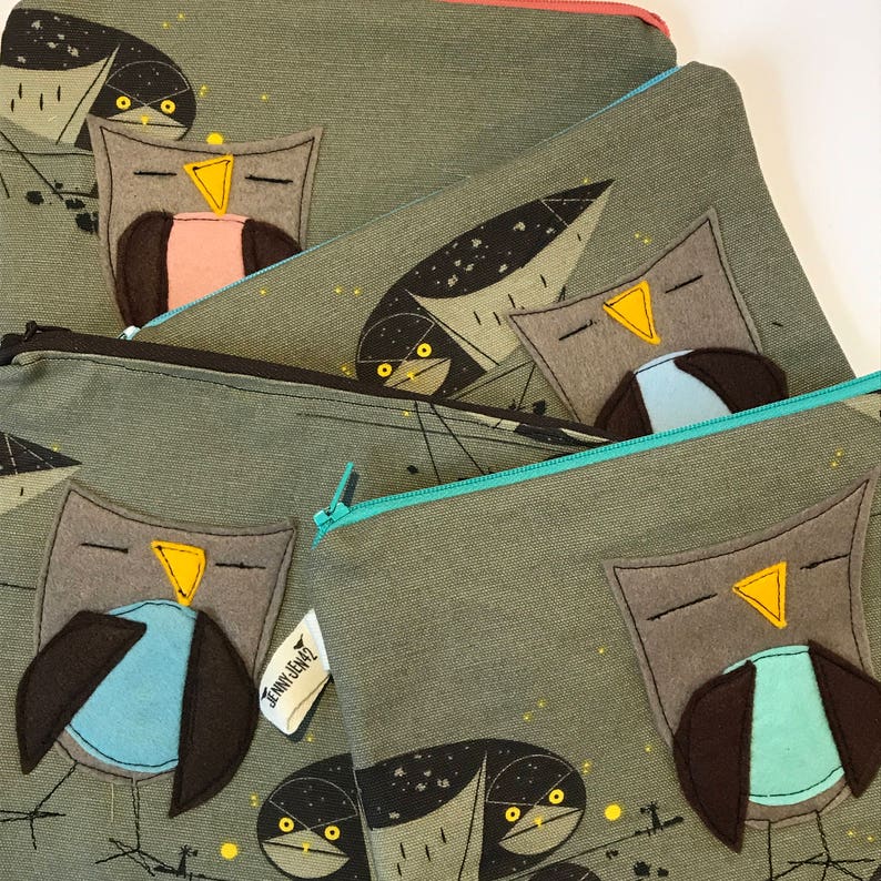 Charley Harper fabric Owl Felt Appliqu\u00e9 large zipper pouch gift idea lined organic cotton canvas