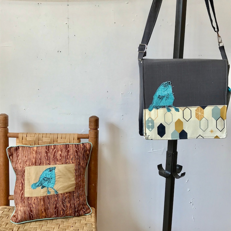 freehand machine stitched bird adjustable strap Cerulean Warbler stitched drawn messenger bag with free accessory