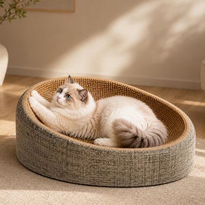 Pode incluir: Uma cama redonda para gatos com exterior em tecido cinzento texturizado e interior em cartão canelado castanho. Um gato fofo branco e cinzento com olhos azuis está deitado dentro, apoiando as patas dianteiras na borda curva da superfície.