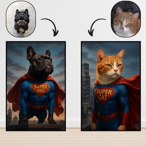 Custom pet superhero portrait, dog cat digital art, personalized animal wall art, unique superhero gift, heroic pet artwork