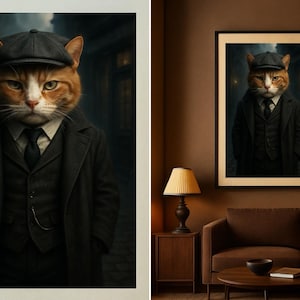May include: A framed print featuring a cat dressed in a vintage suit, complete with a hat and tie. The cat has orange and white fur and a serious expression. The artwork is set against a dark, atmospheric background, evoking a classic, noir aesthetic.