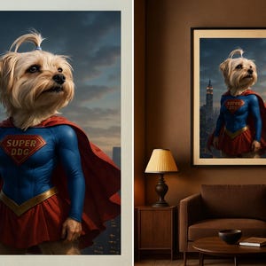 May include: A framed print depicting a dog in a superhero costume, with a blue and red outfit and a cityscape backdrop. The dog wears a cape and a costume with the text "SUPER DDG". The artwork is displayed in a living room setting.