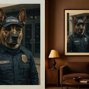 May include: A framed print depicting a German Shepherd in a security guard uniform. The dog wears a cap with "SECURITY" and a dark blue uniform with patches and a badge. A walkie-talkie is attached to the uniform.