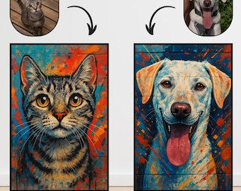Retrato de animal de arte callejero personalizado, grafiti de perro y gato, arte mural urbano colorido, regalo animal personalizado único