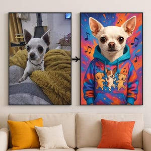 Peut inclure: Deux œuvres encadrées. Le cadre de gauche montre un chien Chihuahua blanc sur un lit. Le cadre de droite présente une illustration colorée d'un Chihuahua portant un sweat à capuche bleu avec des graphiques de chiens dansant et des notes de musique.