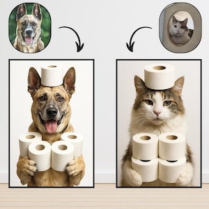 May include: A dog and a cat are each holding rolls of toilet paper. The dog, with a roll on its head, holds four rolls. The cat, also with a roll on its head, holds six rolls. Both animals are in front of a white background.