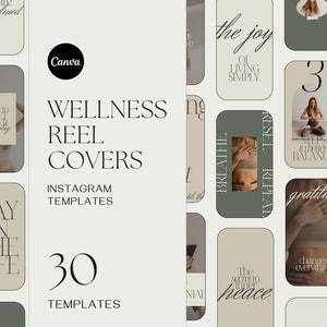 Könnte beinhalten: Ein Set mit 30 Instagram-Reel-Covern zum Thema Wellness. Die Cover zeigen verschiedene Bilder und Texte, darunter Zitate über einfaches Leben, Dankbarkeit und Schritte zu mehr Ausgeglichenheit. Die Cover sind in einer neutralen Farbpalette aus Beige und Grün gehalten.