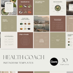 Puede incluir: Un collage de 30 plantillas de Instagram para un entrenador de salud. Las plantillas presentan varios temas relacionados con la salud, que incluyen hábitos diarios, grasas beneficiosas, salud intestinal, beneficios del matcha, alivio del estrés, alimentos que reducen la ansiedad, 5 pilares de la salud, tu metabolismo, reducir el cortisol naturalmente, causas de la fatiga, beneficios de la luz solar, salud menstrual, nutrición para la salud intestinal y prebióticos vs probióticos. Las plantillas están diseñadas en un estilo minimalista con una paleta de colores neutros.
