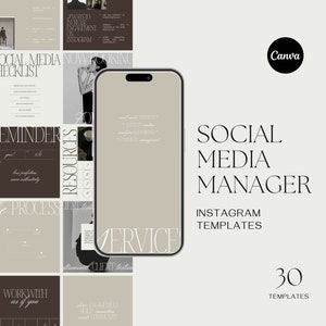 May include: A set of 30 Instagram templates for social media managers. The templates are in a minimalist style with a beige and brown colour scheme. The text on the templates includes phrases like "Social Media Checklist", "Meet Our Founder", and "The Impact of Strategic Content".