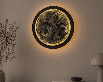 Moon Wall Light Decor – Handmade Textured Lunar Wall Lamp, Wireless LED Wall Art for Calm Home Interior