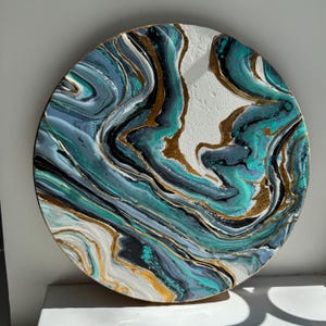 Abstract Resin Wall Art – 40 cm Round Acrylic Painting with Gold Leaf on MDF, Mixed Media Epoxy Artwork, Modern Home & Kitchen Decor