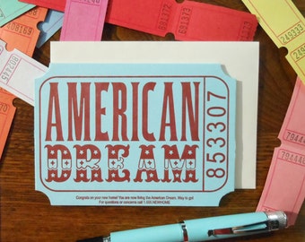 letterpress american dream ticket new home greeting card blue red cream raffle carnival ticket