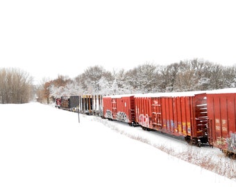 Red Train in Blizzard photograph. Minnesota Winter landscape photography.