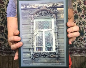 Decorative Russian Window. Woodwork. Dacha, cabin. Ancient architecture. photography. Photo mounted on wood.