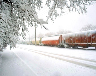 Red Train in Blizzard photograph. Minnesota Winter landscape photography.