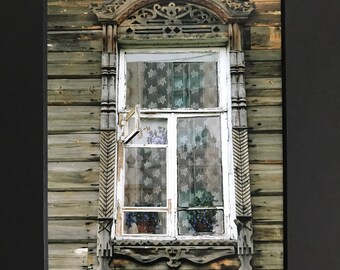 Windows of Russia. Decorative Wooden Russian Dacha Window. Matted Photograph