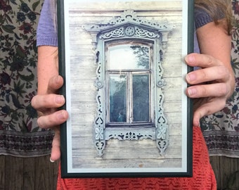 Decorative Russian Window. Woodwork. Dacha, cabin. Ancient architecture. photography. Photo mounted on wood.