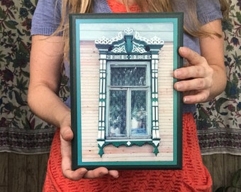 Decorative Russian Window. Woodwork. Dacha, cabin. Ancient architecture. photography. Photo mounted on wood.