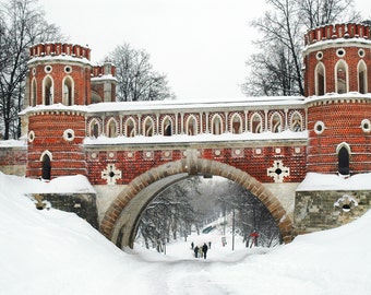 Tsaritsyno Bridge in Snow. Photography.  Moscow, Russia. 8x10 print.